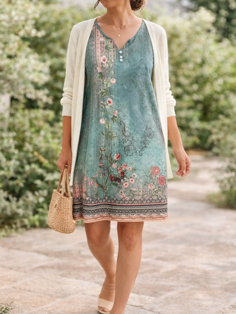 Unbranded Teal Floral Sleeveless Dress Size S